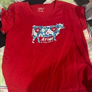 Ariat Red Tee with Floral Cow Design